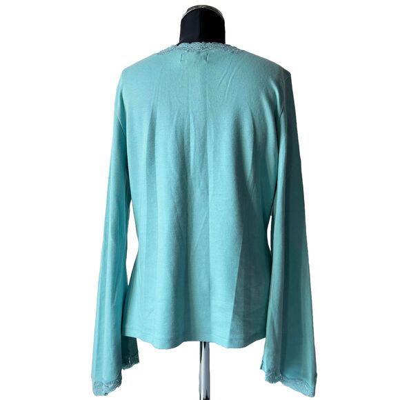 Express Turquoise Lace Trim V Neck Long Sleeve Stretch Knit Shirt - Women's XL - Picture 5 of 11